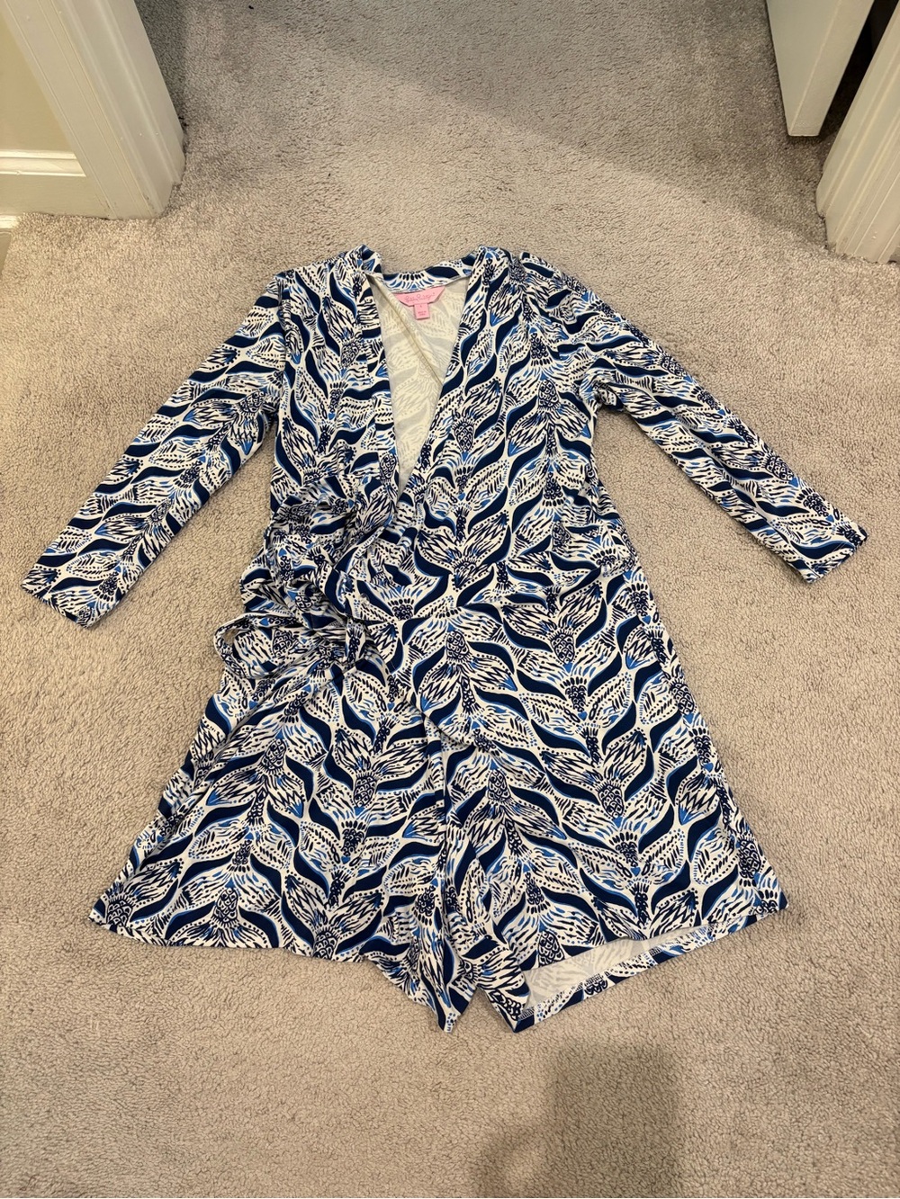 Lilly Pulitzer Blue and White Pattern Wrap-Front Small Romper
